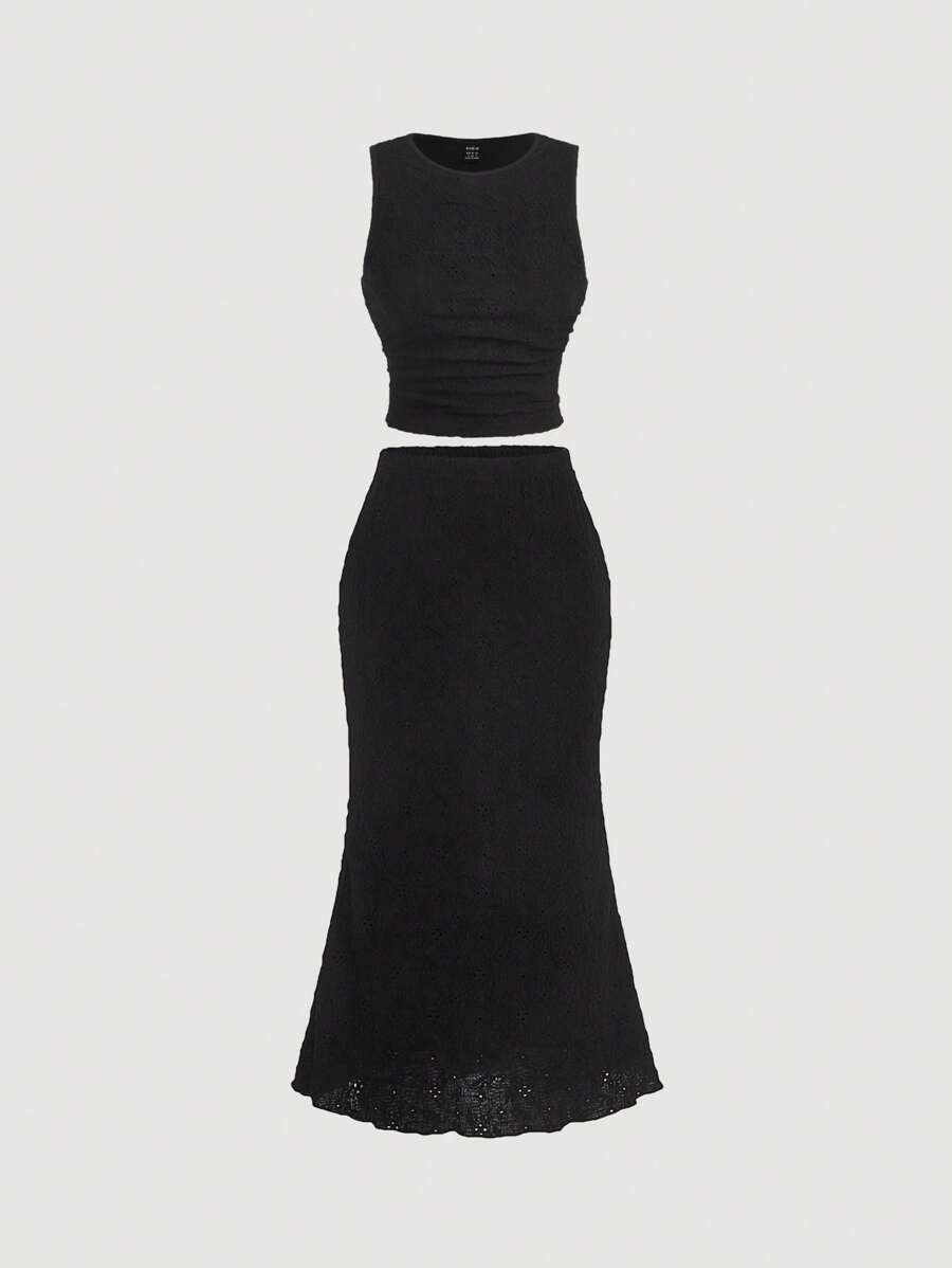 SHEIN MOD Black Cropped Jacquard Knit Tank Top And Maxi Skirt Elegant 2-Piece Set - Black - View 1