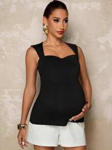 MaterniChic Maternity Solid Color Hollow Sweetheart Neck Summer Casual Tank Top Summer Airport For Women - Black - View 7