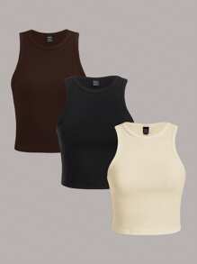 SHEIN Essnce 女士纯色休闲圆领短款背心，百搭夏季穿着