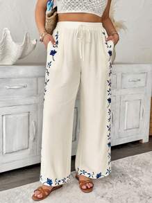 Breezaya Plus Size Women's Elegant Casual Boho Beachwear Pants,Beige Autumn Holiday Vacation Embroidered Waistband,Elastic Waist,Side Pockets Fall Cloth - White - View 5