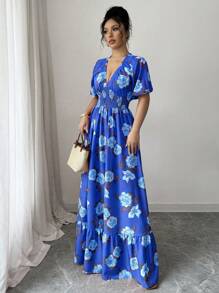 Elenzga Women Floral Print Deep Shirred Short Sleeve Super Long Dress - Dusty Blue - View 5