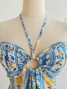 Soleia Abito da donna con stampa a toppework tropicale sudamericano con uccelli e foglie di ananas, con scollo a tubino, schiena scoperta e fiocco in vita, adatto per le vacanze