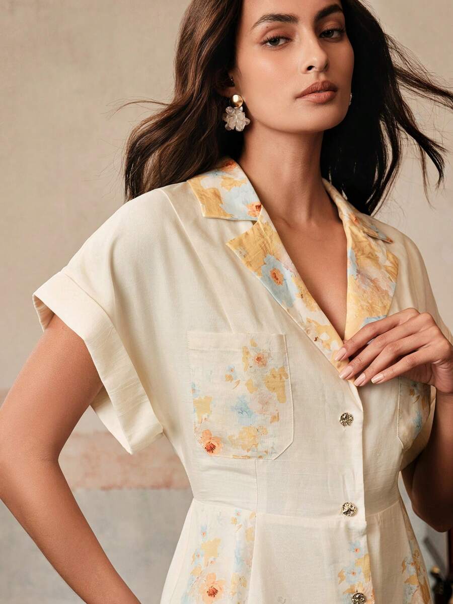 Anewsta Vestido camisero elegante de flores con cuello, cintura ajustada y tela ligera para resort, atuendos de primavera para ropa de verano para mujer - Albaricoque - Ver 1