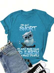 Calvaya Women's Plus Size Round Neck Short Sleeved Shirt With Slogan And Owl Print, Suitable For Spring And Summer Wear, Women's Clothing - Teal Blue - View 1