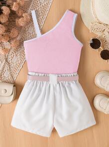 Tween Girls Casual Commuting Contrast Color Asymmetric Camisole Top And Suit Shorts With Belt, Suitable For Summer Daily Wear - Pink - View 2