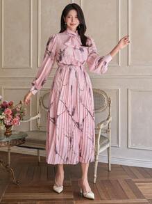 DAZY Vestido plisado de manga farol con estampado floral elegante, vestido de manga larga para primavera/otoño - Rosa - Ver 5