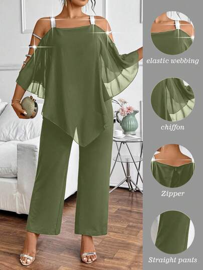 Elenzga Plus Size Women Elegant Chiffon Top With Silver Ribbon Decor Jumpsuit