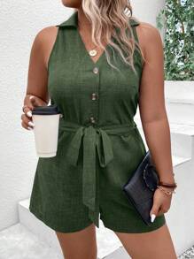 Linhara Kích thước lớn Màu thuần Không tay Romper - xanh quân đội - Xem 1