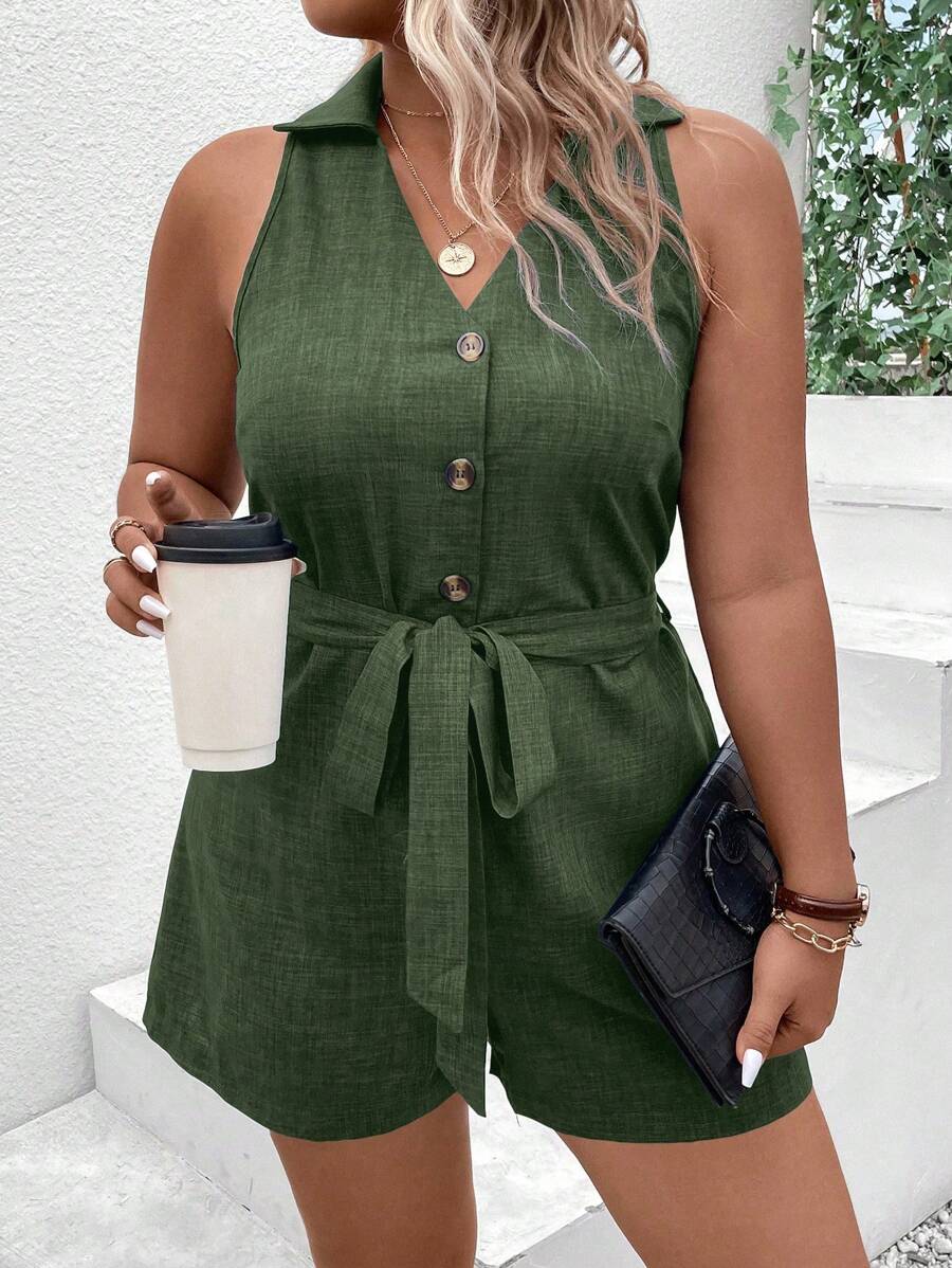 Linhara Kích thước lớn Màu thuần Không tay Romper - xanh quân đội - Xem 1