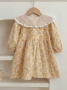 SHEIN Kleid im pastoralen Stil für Kleine Mädchen mit Rüschenkragen und Blümchenmuster, für Frühling/Herbst - Gelb - Übersicht 3