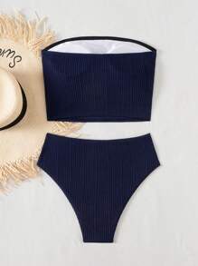 SHEIN Swim 春假女式两件套泳衣套装，纹理面料，贝壳和海星装饰，高腰成人沙滩泳裤 - 藏蓝色 - 查看 4