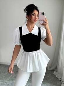 Elenzga 女士通勤装荷叶边下摆短袖上衣，撞色 - 黑與白 - 查看 3