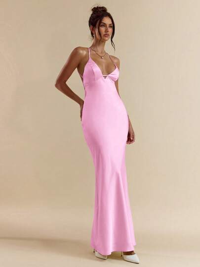 SHEIN BAE 女式春夏纯色杏白色深 V 领细肩带超长露背系带缎面美人鱼长裙、优雅长裙、度假裙、伴娘裙、生日派对裙、毕业裙、白色长裙
