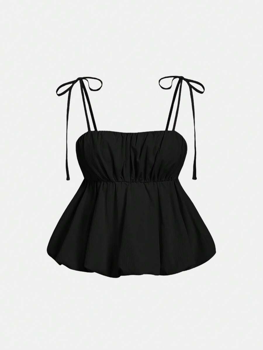 SHEIN MOD 女士粉色泡泡袖上衣、春季吊带背心、狂欢节、情人节 - 黑色 - 查看 1