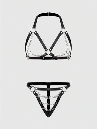 Grunge Punk Ensemble de lingerie en métal gothique avec chaîne, tanga triangle, pour le style punk rock