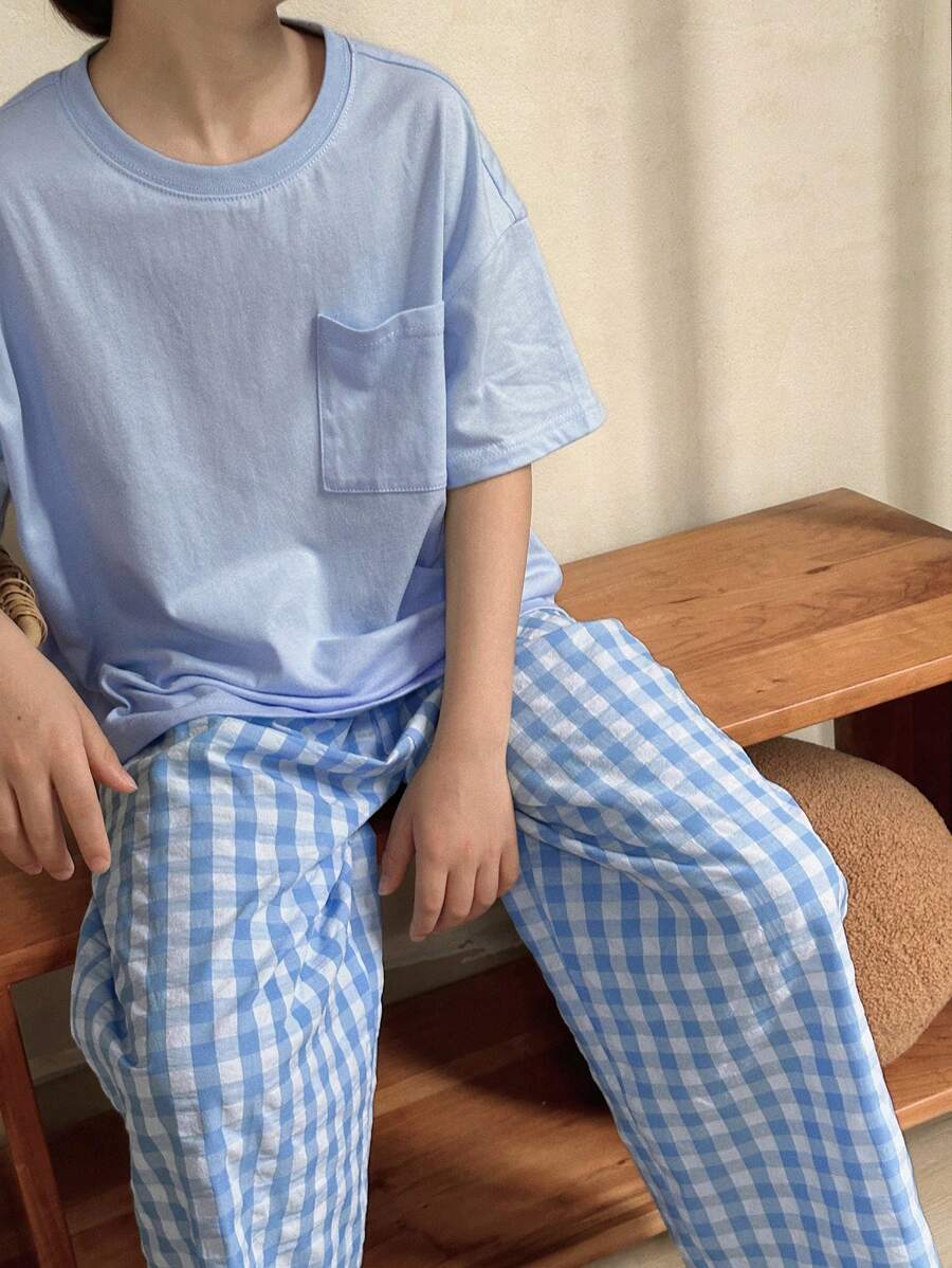 Dazy Kids 2件套儿童男童（大）纯色针织短袖T恤+格纹梭织长裤休闲套装，春夏