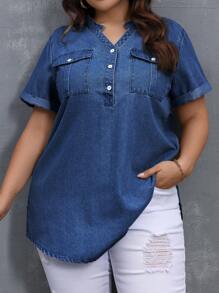EMERY ROSE Plus Size Women V-Neck Short Sleeve Button Half Front Placket Casual Denim Top - Medium Wash - View 6