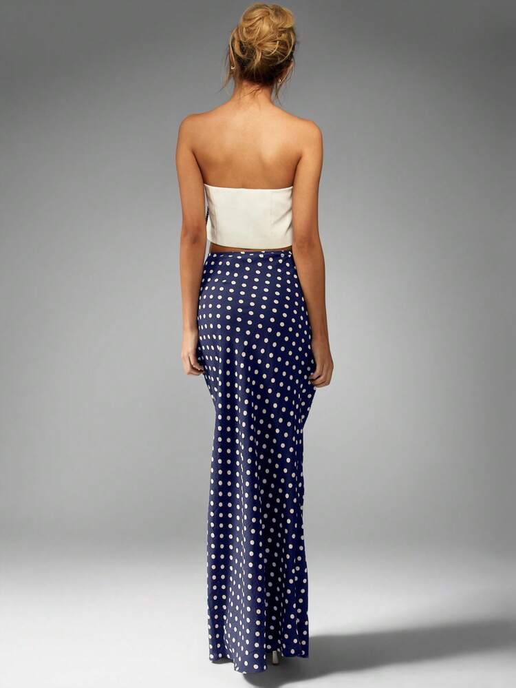 MISSGUIDED Polka Dot Maxi Skirt High Waisted Form Fitting Long Length Classic Spring Summer Resort Vacation Evening Party Side Split Elegant