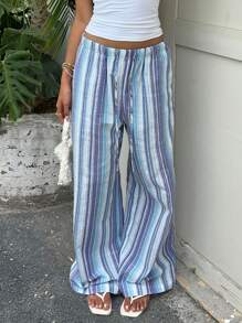 Muchica Pantalones casuales de mujer con cordón en la cintura y rayas de colores tejidos