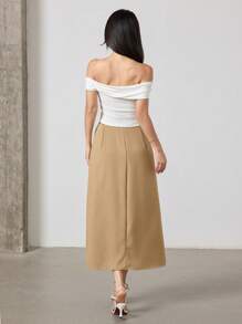 Modelyn 女士优雅褶皱拼布 A 字裙，夏季 - 卡其色 - 查看 2