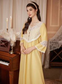 PalaceNights 撞色荷叶边缝制女士优雅蕾丝长袖睡裙，秋冬款 - 黃色 - 查看 4