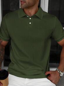 Manfinity Homme 大尺碼男士紋理短袖休閒通勤 Polo 衫，正式款 - 綠色 - 查看 5