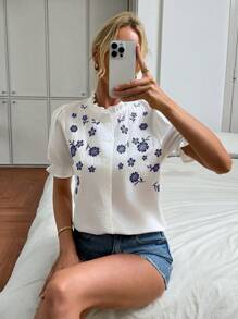 Easowa Women's Casual Embroidered Holiday White Cotton Blouse Summer Outfits For Women Vacation Outfits Woman Going Out Tops Women Cute Summer Tops Boho Women's Clothing Old Money Style