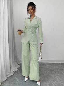 Modelyn 2pc Women's Woven Striped Blue Tied Strap Cardigan With Button Closure, Long Sleeve Fall Cloth For Women - Green - View 5