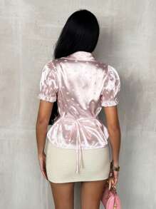 Glamine Camisa de mujer tejida con jacquard en rosa con cuello de volantes, mangas abullonadas y lazo en la espalda, de moda, elegante y linda - Rosa - Ver 3