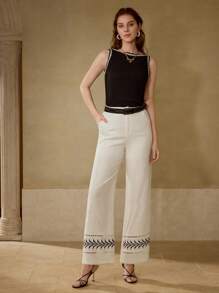 MOTF PREMIUM PANTALONES DE PIERNA ANCHA CON BORDADO DE ENCAJE EN CONTRASTE - Albaricoque - Ver 4