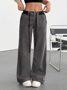 SHEIN EZwear Women's Casual Dark Gray Drawstring Waist Straight Leg Pants - Dark Grey - View 7