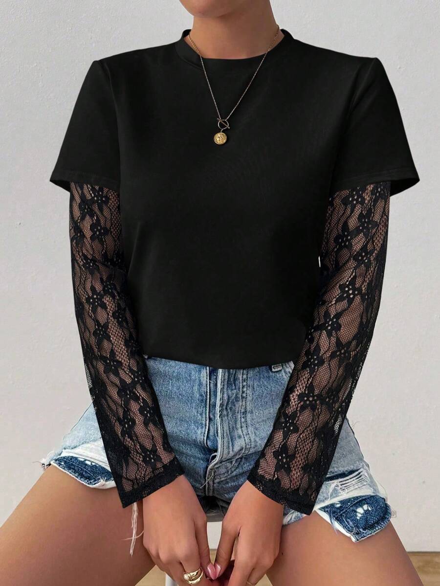 Chiquease 透视蕾丝袖纯色圆领长袖T恤 - 黑色 - 查看 1