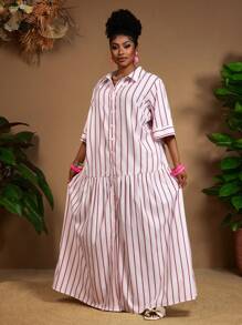 SHEIN CURVE+ 大码女士休闲条纹前扣长裙、度假装、加大码、波西米亚度假装、飘逸连衣裙、女士太阳裙 女士沙滩装/沙滩裙/沙滩度假装/沙滩必备品/毕业/茶会礼服 夏季/乡村/沙滩度假装/沙滩装/沙滩装