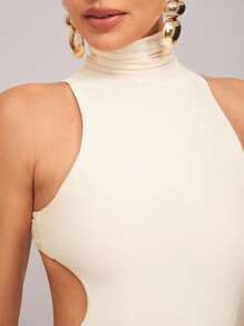 Silquee 女士优雅高领长袖露背性感鸡尾酒裙，金属扣装饰，勃艮第红和紫红色，弹力针织面料，及踝长，适合鸡尾酒会、浪漫约会、秋冬针织长裙、正式派对、婚礼、伴娘、晚礼服、万圣节、圣诞节 - 杏色 - 查看 3