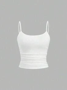 Flirla 女式背心腰部褶饰细肩带修身吊带背心，可穿在里面或外面 Y2K - 白色 - 查看 1
