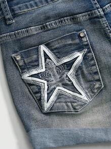 ROMWE Avant Women Y2K Chic Star Low Waist Denim Shorts - Baby Blue - View 3