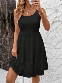 SHEIN Clasi Vestido de punto elástico con cintura ceñida, corte evasé y patrón tridimensional texturizado blanco para mujer, elegante para el verano, adecuado para varias ocasiones como uso diario, viajes, vacaciones y trabajo - Negro - Ver 6
