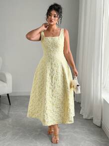 Elenzga Vestido de mujer de talla grande con cuello cuadrado, sin mangas y con textura en relieve - Amarillo - Ver 7