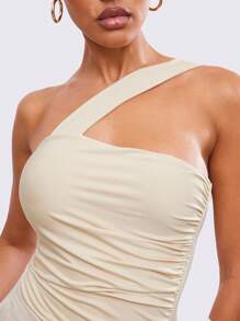 Hauture Summer Office Solid Asymmetrical One Shoulder Ruched Bodysuit