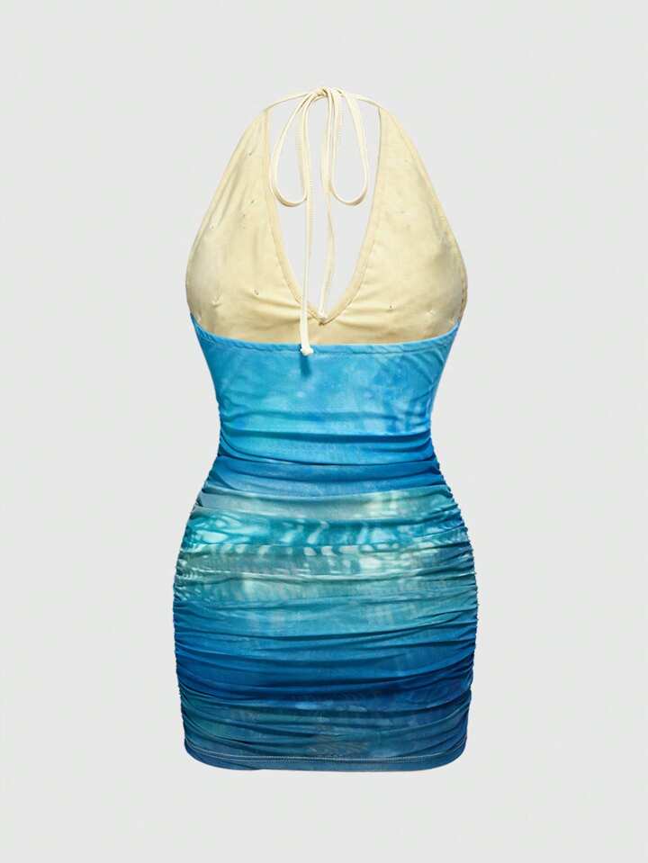 Our Fairycore Ocean Print Beach Vacation Sexy Halter Crochet Net Patchwork  Women Short Dress is such a vibe - ROMWE