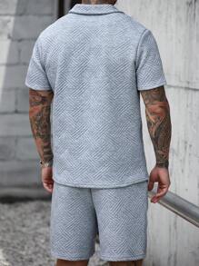 Manfinity Homme 男士时尚3D纹理休闲Polo衫套装休闲两件套男士男士两件套 - 灰色 - 查看 2