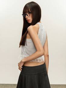 Rina Fox Áo hai dây cổ yếm in họa tiết chấm bi ren trong suốt dành cho nữ - trắng - Xem 3