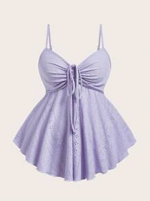 SHEIN EZwear 大码女式紫色镂空刺绣细肩带上衣，配有抽绳细节，夏季 - 紫色 - 查看 1