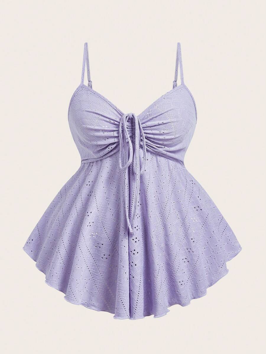 SHEIN EZwear 大码女式紫色镂空刺绣细肩带上衣，配有抽绳细节，夏季 - 紫色 - 查看 1