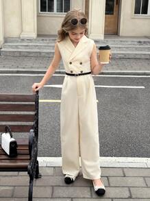 SHEIN Lässiger, gewebter, einfarbiger, ärmelloser Jumpsuit mit Revers für Tween Mädchen