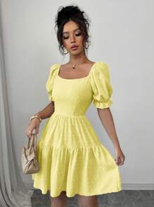 Breezaya 瑞士圆点系带露背泡泡袖荷叶边下摆连衣裙度假海滩装女款 - 黃色 - 查看 6