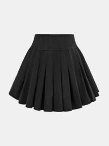 SHEIN Leap Crew 青少年女孩休闲简约舒适百搭系腰百褶裙 - 黑色 - 查看 2