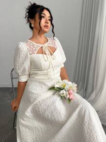 Modelyn Plus Size Summer Elegant Embroidered Patchwork Hollow-Out Dress - Apricot - View 7