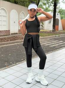 SHEIN Camisa con nudo adelante y leggings casuales y deportivos de corte slim para niñas preadolescentes, de vuelta al colegio