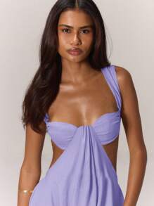 MUSERA 超宽腿连体裤，垂褶前胸罩杯，侧边镂空，露背，度假波西米亚风，西部风情，春夏度假沙滩装，优雅伊比沙岛假日婚礼宾客约会之夜性感晚装，波西米亚紫色婚礼派对复活节休闲装 - 紫丁香色 - 查看 5